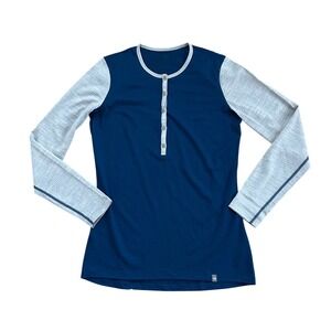 Icebreaker Merino Wool Henley Long Sleeve Base Layer Navy Blue Grey Women Large